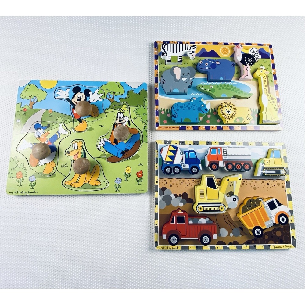 Melissa & Doug Wooden Toddler Toy Puzzles Lot Of 3 Construction Disney Animals